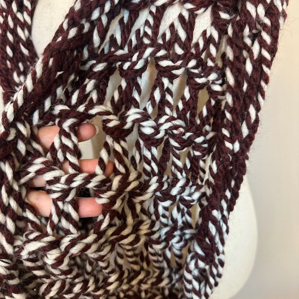 Burgundy and White woven infinity scarf